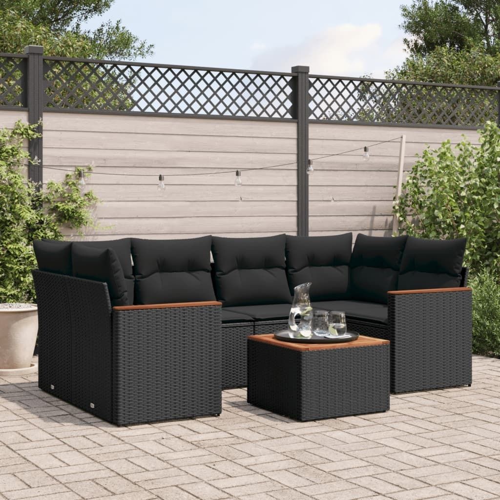 Möbel 7-tlg. Garten-Sofagarnitur mit Kissen Schwarz Poly Rattan 2024