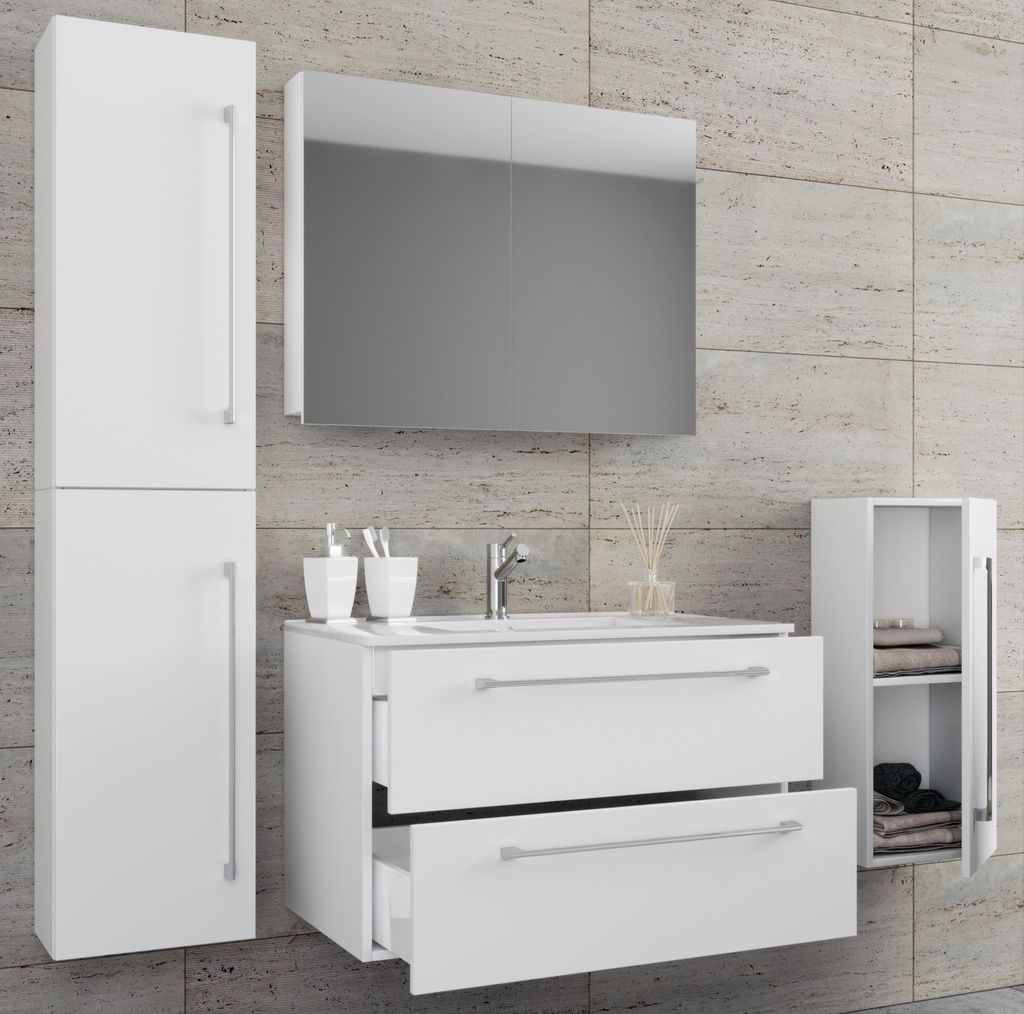 VCM 5-tlg. Set | 1 Waschtisch mit zwei Schubladen, 1 Spiegelschrank, 1 Waschbecken, 1 Midischrank, 1 Hochschrank | Keramik Waschbecken | hängend U...