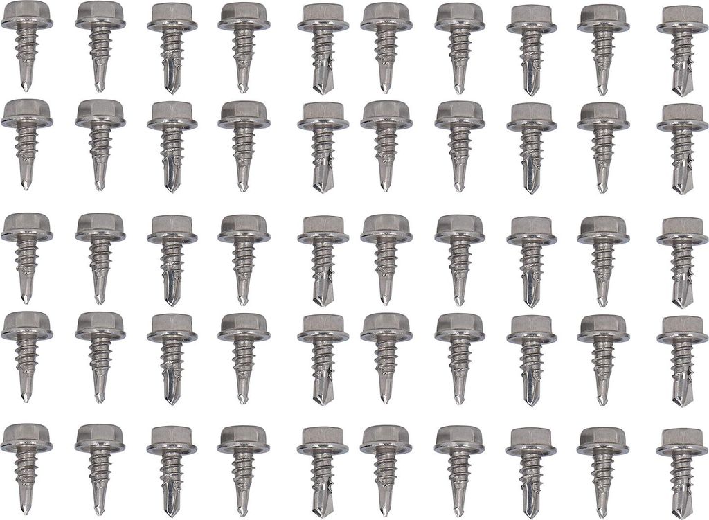 50-teiliges Set mit selbstschneidenden Schrauben, Sechskantscheiben und Unterlegscheiben aus Edelstahl (4,8 x 13 mm) – Befestigungszubehör