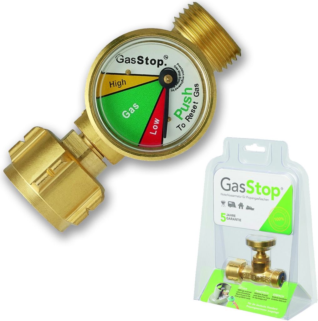 A gas level indicator and its packaging are shown against a white background.
