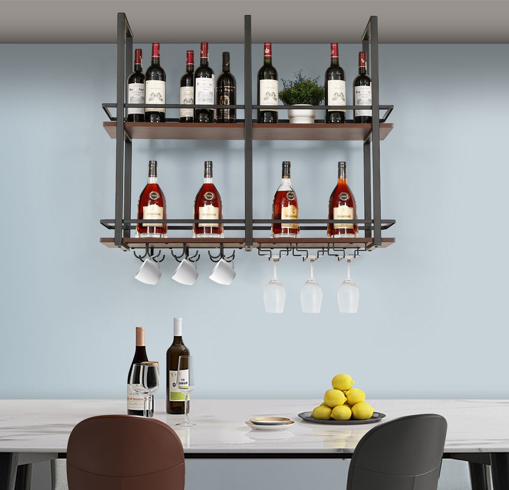 A wall-mounted wine rack with bottles and glasses.