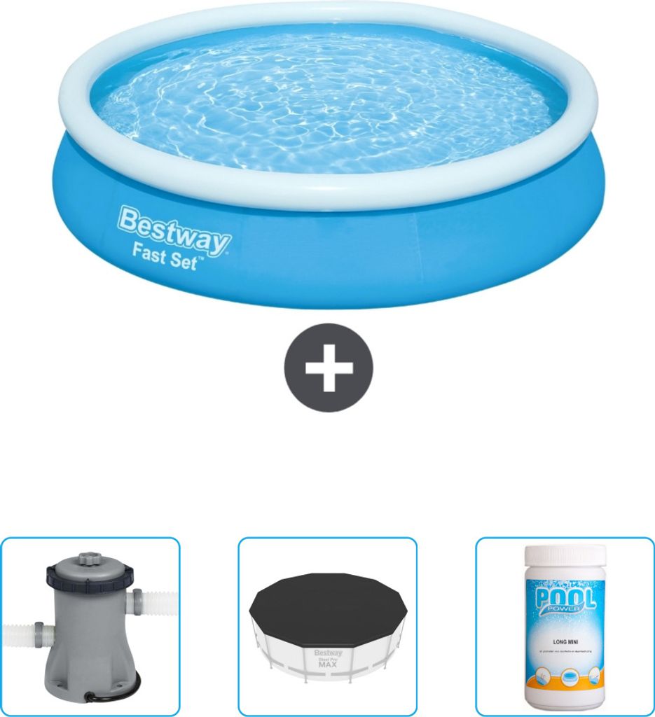 Bestway runder aufblasbarer Fast-Set-Pool – 366 x 76 cm – Blau – im Lieferumfang enthalten Pumpe - Abdeckung - Chlor