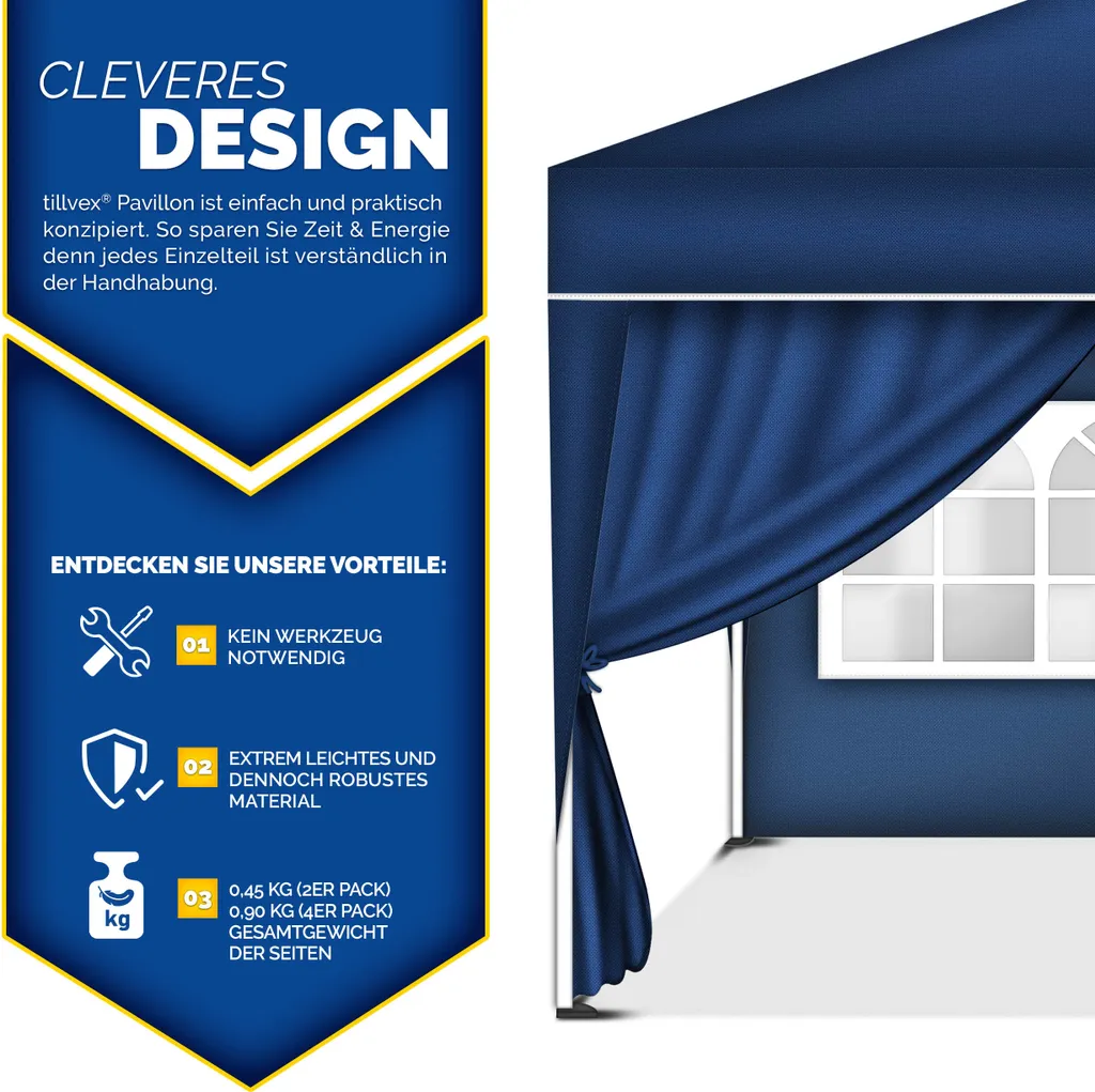 tillvex Pannelli Laterali Gazebo 3x3 Blu | Kit 2 Pezzi Finestra e Zip - 2