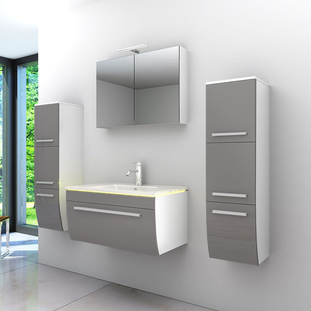 Badmöbel Set Gently 3 V3 Weiß/Grau Badezimmermöbel Badspiegel Waschtisch 80 cm ohne LED-Beleuchtung