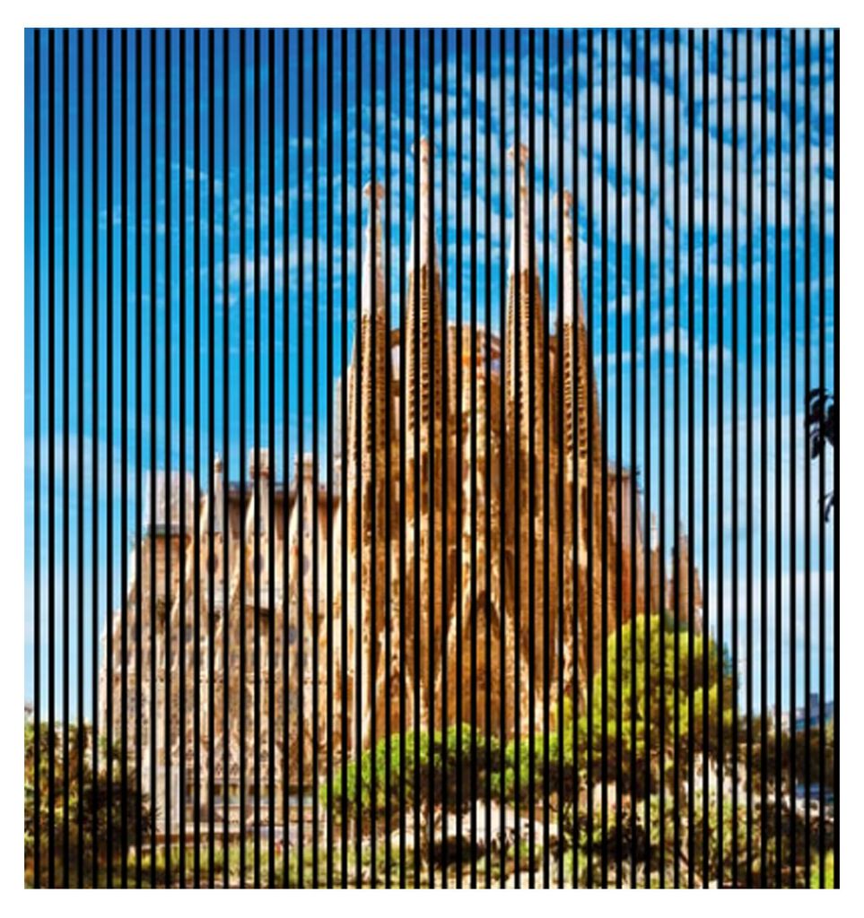 Akustikpaneele mit Digitaldruck Barcelona01 19 x 2253 x 2400 mm Barcelona Kirche MDF PET-Fasern Wandpaneele Blau Braun 4 Einzelplatten