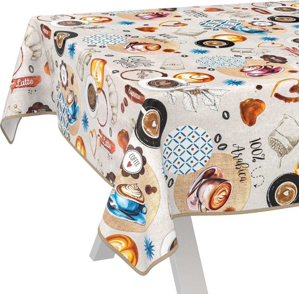 Tischdecke Aquarell Coffee Time Bunt 180x100cm mit Band-Kante Wachstuch abwaschbar