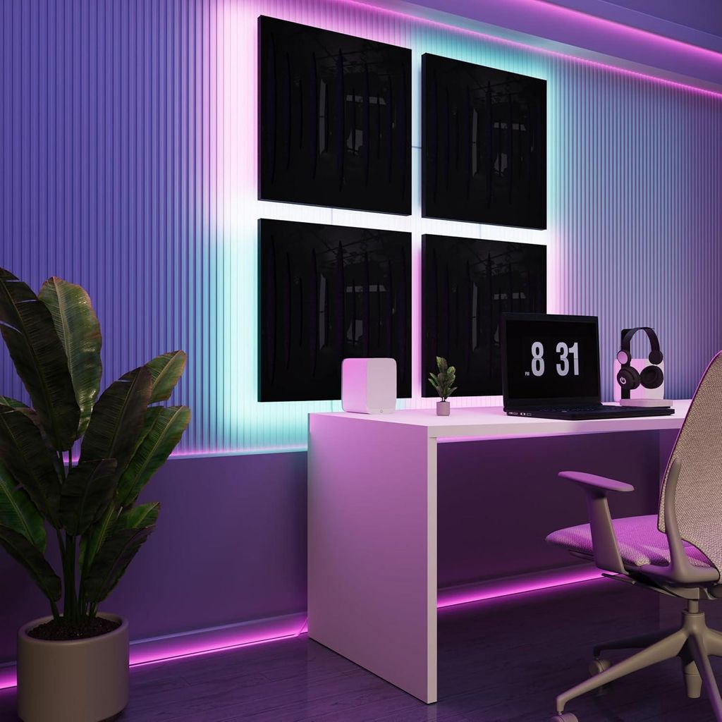 4er-Pack-LED Akustikwandpaneele mit RGB Glow für Echo Control|Schallabsorbierende Paneele mit Backlight|4x PULSAR-Separat-SQUARE|Schwarzer Kunststoff