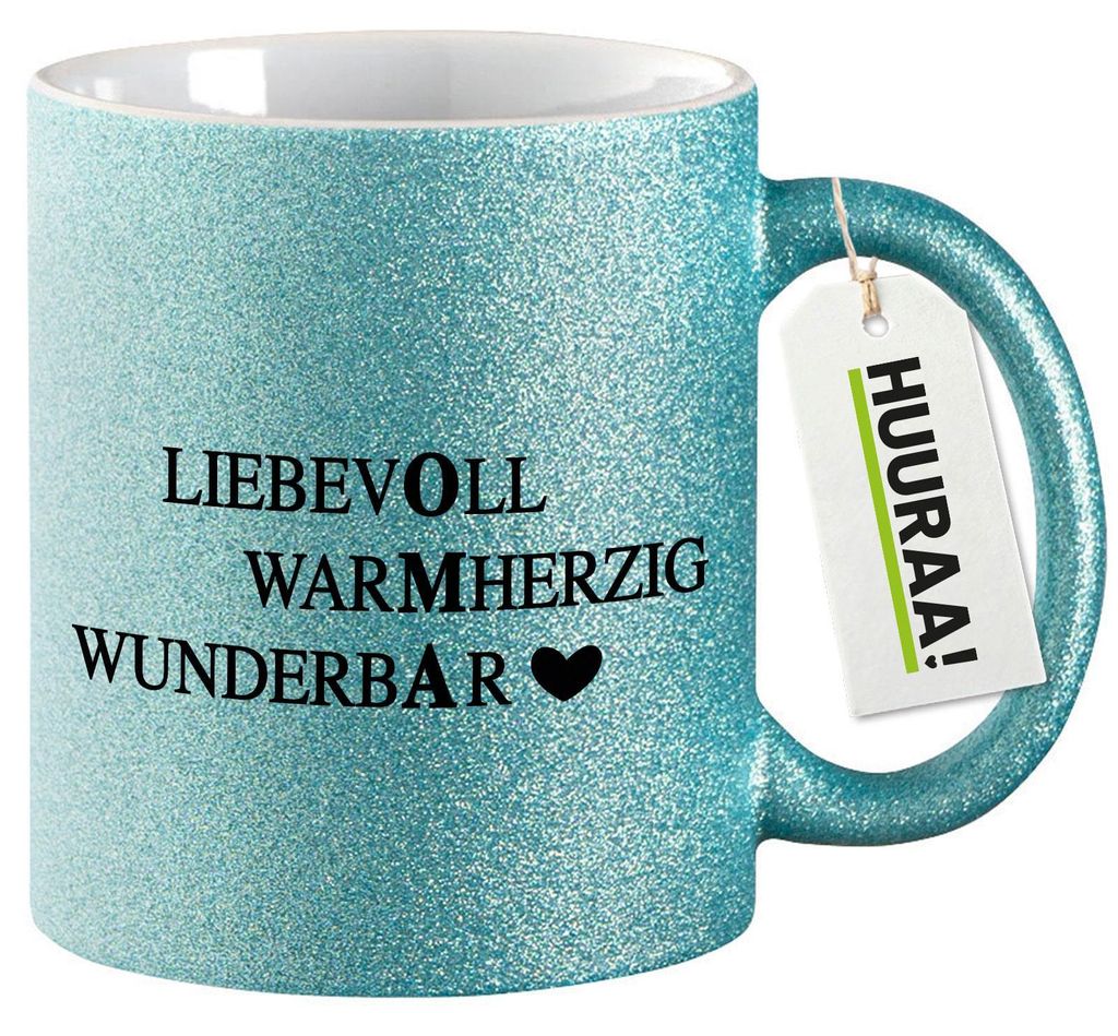 Huuraa Glitzertasse Liebevoll Warmherzig Wunderbar Oma 330ml Blau Keramik Kaffeebecher Geschenkidee