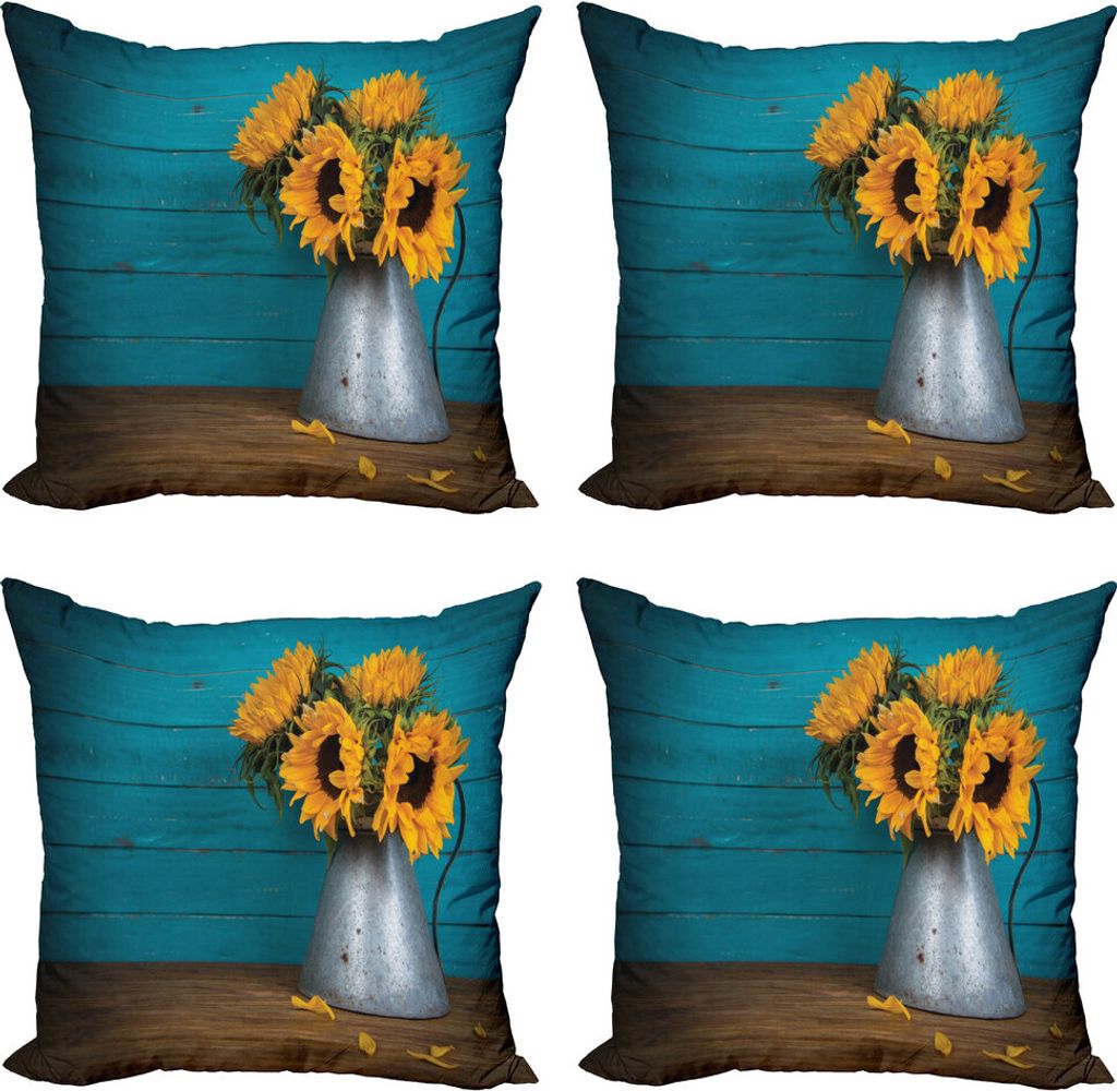 ABAKUHAUS rustikales Holz Kissenbezug Set (4 Stück), Blumen im antiken Vase, Moderner Doppelseitiger Digitaldruck, 50 cm x 50 cm, Mehrfarbig