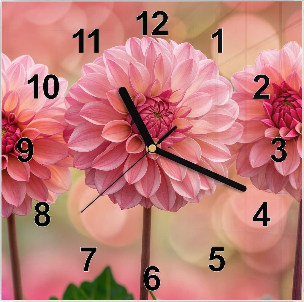 Wanduhr aus Glas mit Motiv Drei Blumenblüten- 30 x 30 cm - inkl. Aufhängesystem
