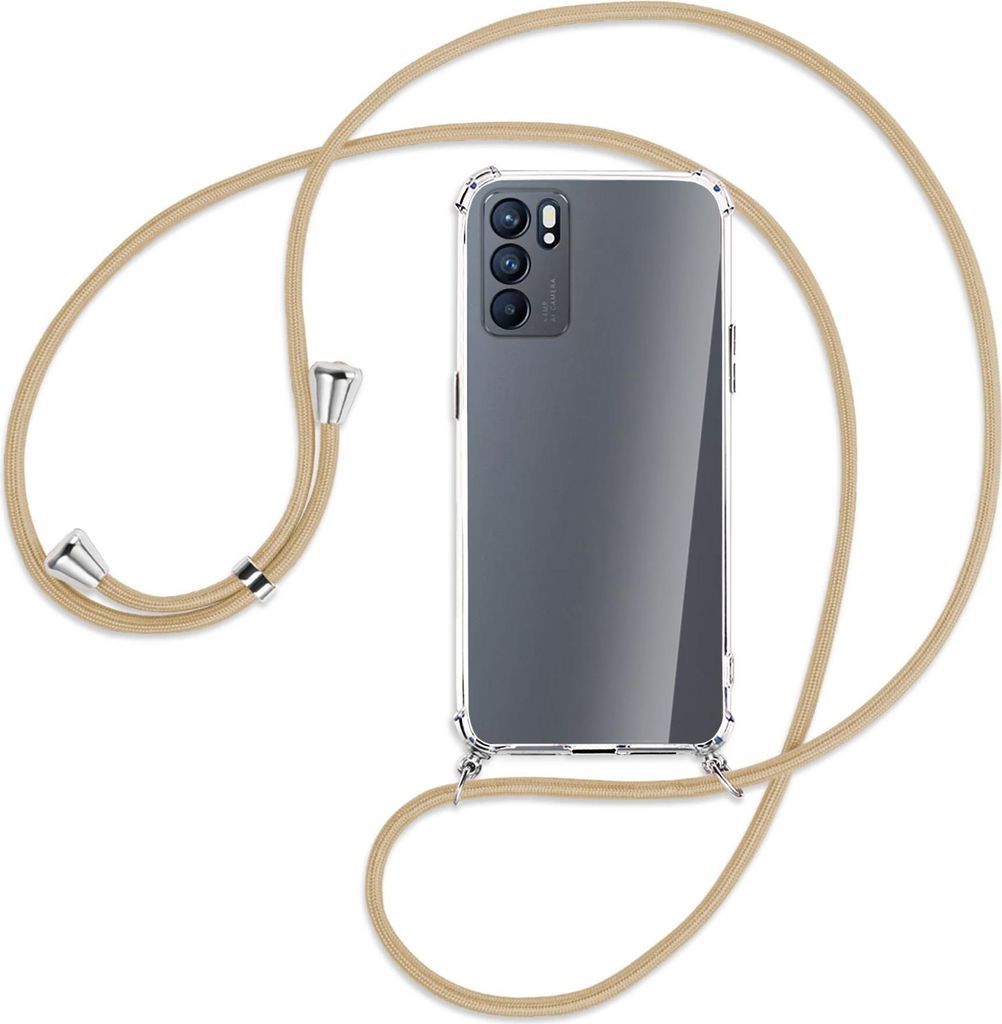 Handykette Backcover-Schutzhülle mit Band (Metall silberfarben) für Oppo Reno6 5G (PEQM00,CPH2251) - caramel