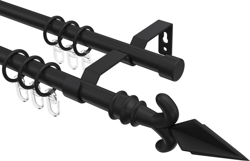 Interdeco Gardinenstange / Vorhangstange Schwarz, Typ Olymp Matteo (Pfeil), 16 mm Ø 2-läufig, 540 cm