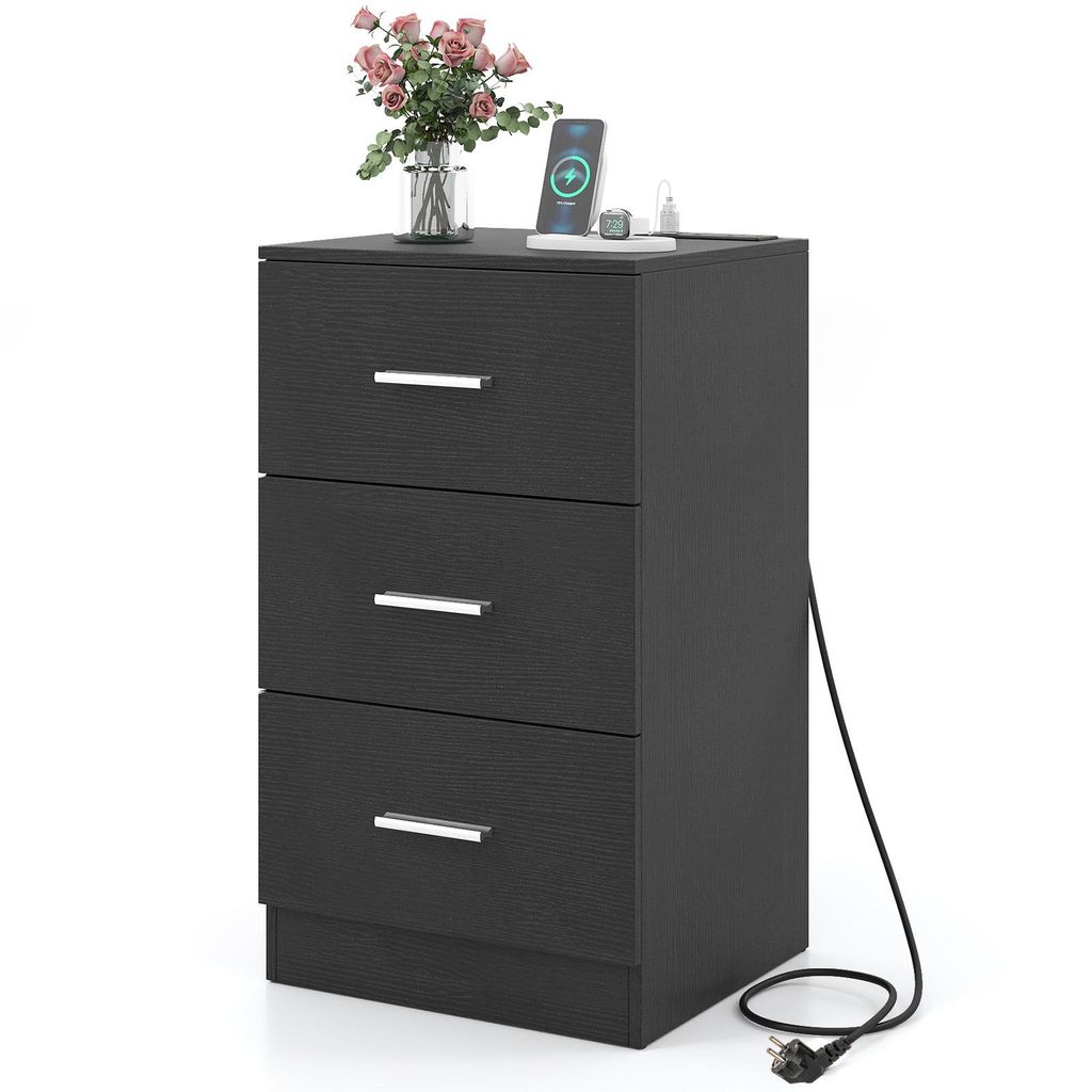 COSTWAY Nachttisch mit Ladestation, Nachtschrank mit 3 Schubladen, Hochglanz Nachtkommode, Beistelltisch für Boxspringbett, 38x35x66 cm, Schwarz