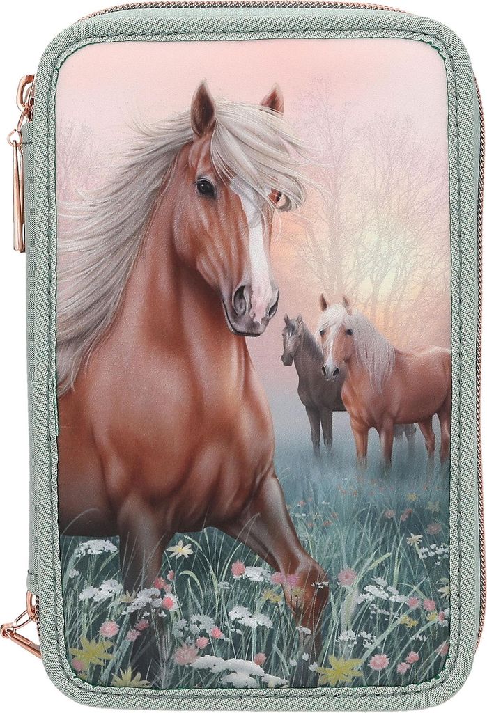 A pencil case with a print of horses in a field.