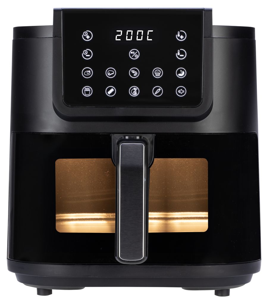 A black and silver Ardes air fryer is shown against a white background. The digital display shows '200C' and various icons.