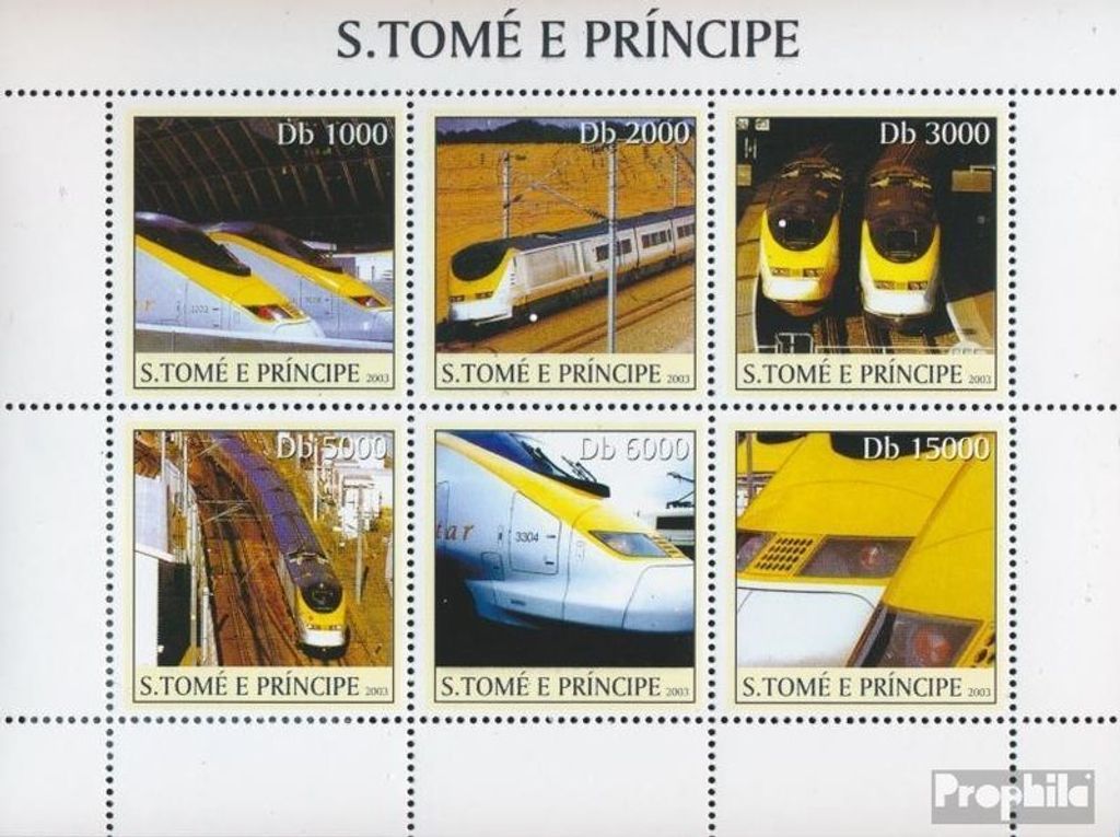 Briefmarken Sao Tome e Principe 2003 Mi 2344-2349 Kleinbogen (kompl. Ausgabe) postfrisch Eurostar-Züge