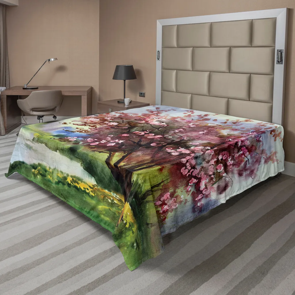 Drap de Lit 275x260 ABAKUHAUS Motif Paysage Printanier Vert et Rose