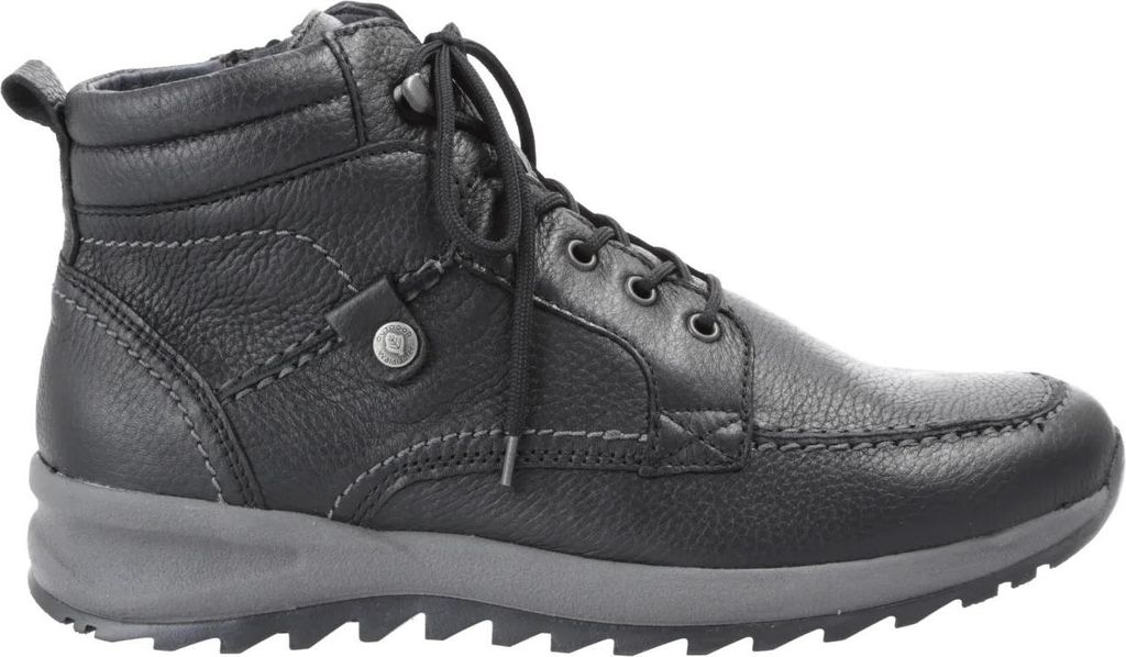 A side view of a black leather hiking boot.