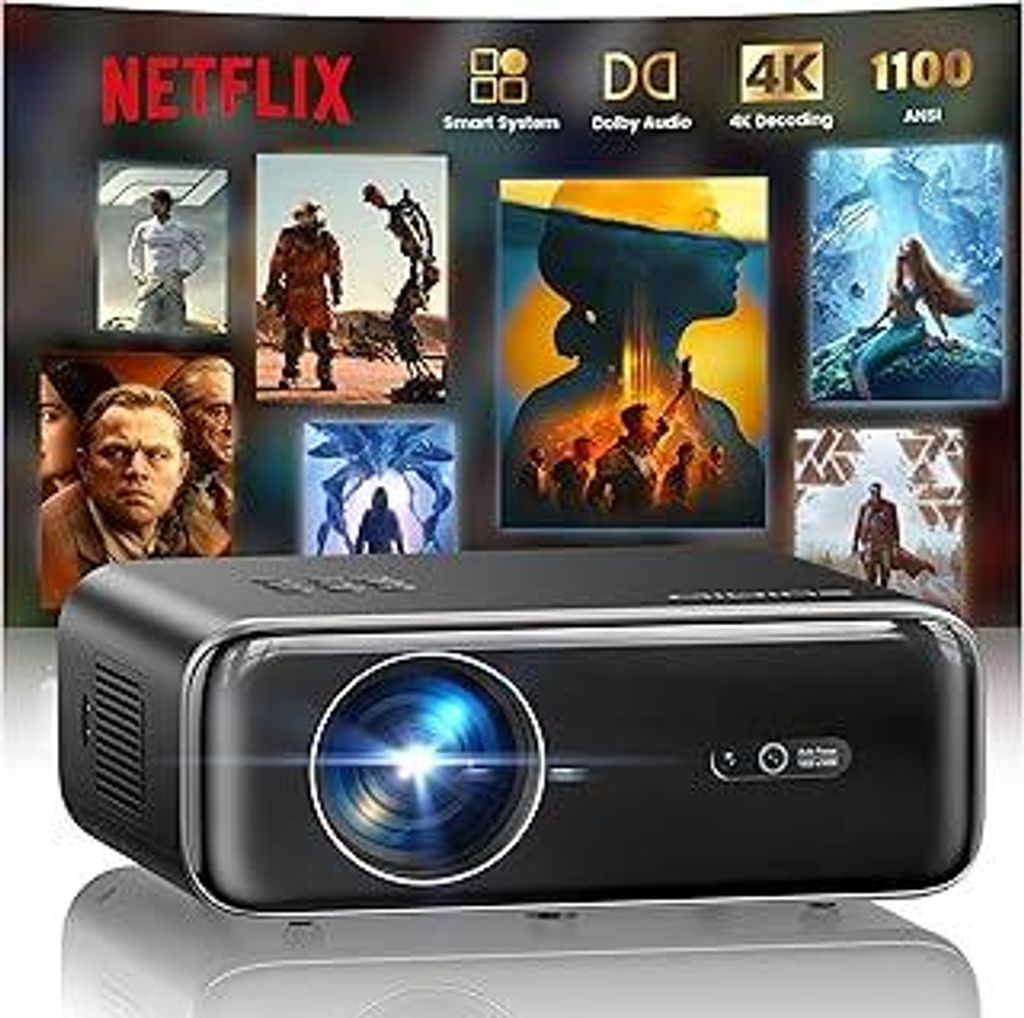 Smart Beamer mit Netflix, Dolby Audio, WiMiUS 1100 ANSI Autofokus/6D Trapezkorrektur Led Beamer 4K Heimkino Unterstützt, WiFi Bluetooth Full HD 10...