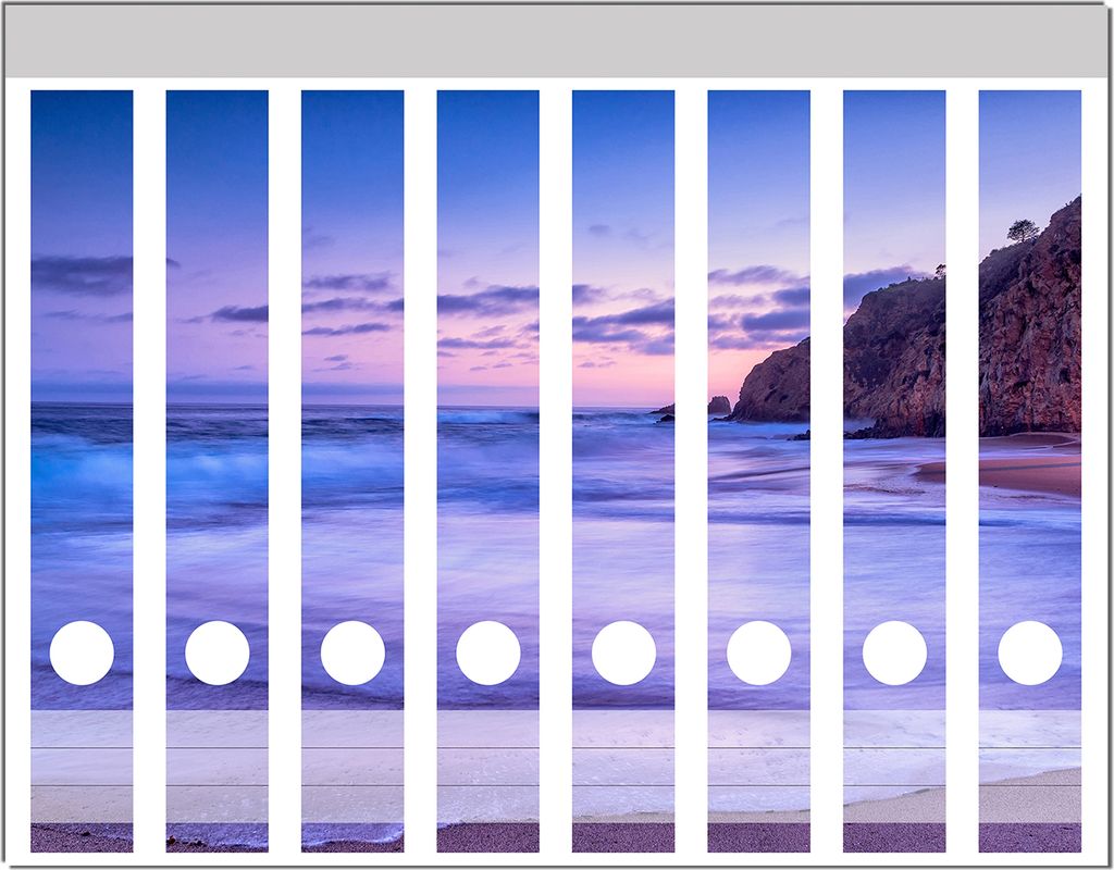 Wallario Ordnerrücken Sticker, selbstklebend für schmale Ordner, 8 Stück, Motiv Kalifornischer Strand am Abend mit Felsenküste