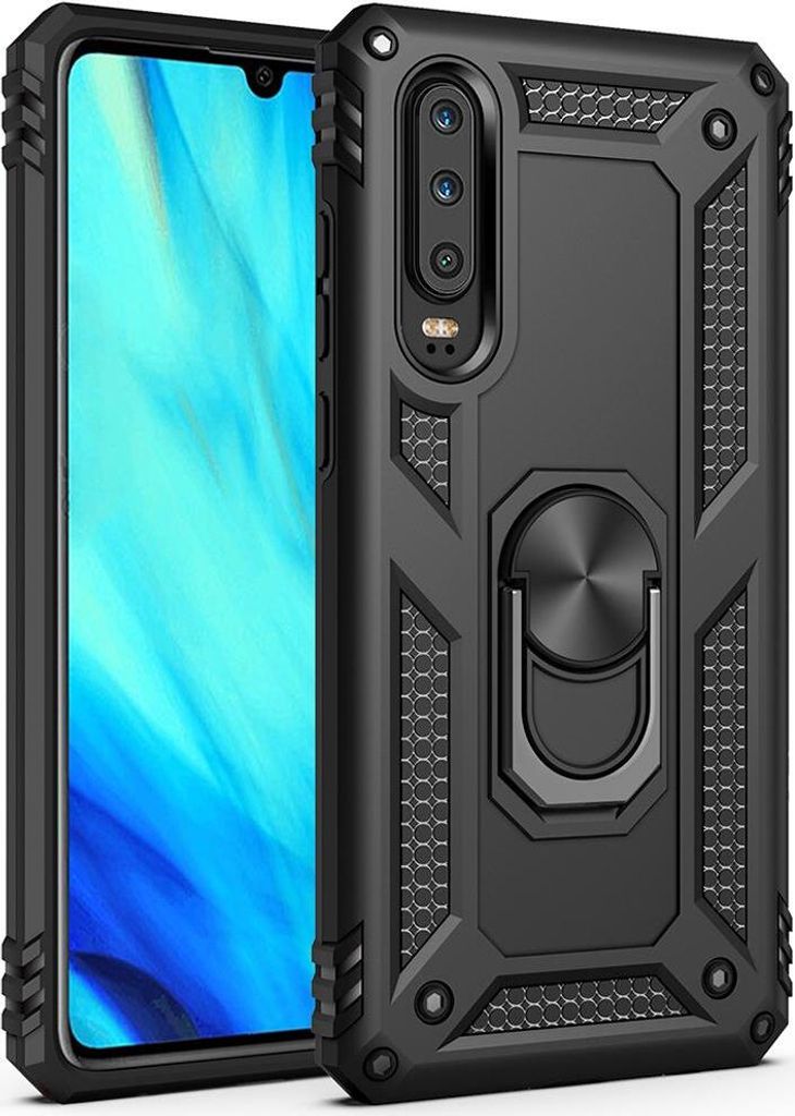 A black protective phone case with a rotating ring holder is shown next to a smartphone.