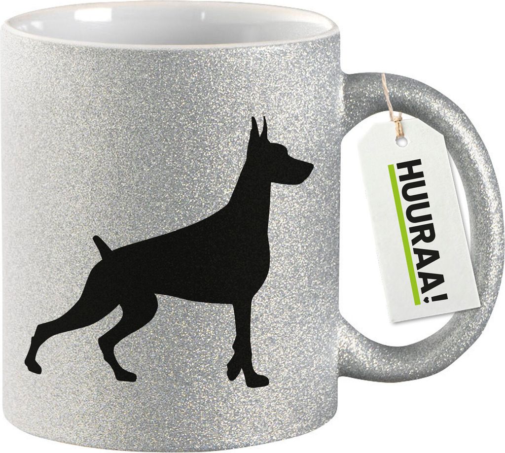 Huuraa Glitzertasse Dobermann Silhouette 330ml Silber Keramik Kaffeebecher Geschenkidee