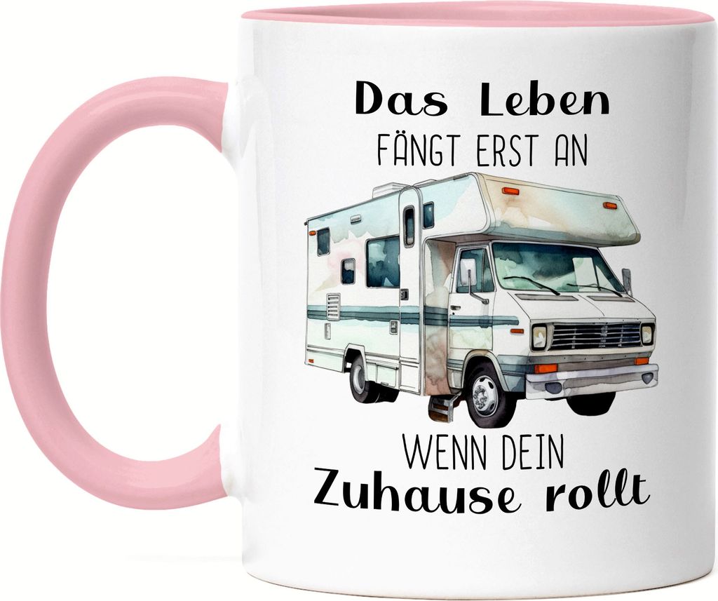 Das Leben fängt erst an wenn dein Zuhause rollt Tasse Rosa Camping Wohnmobil Rentner Campingplatz