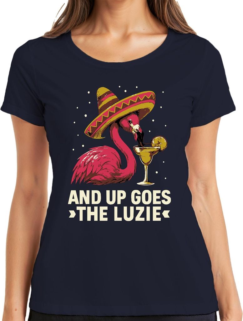 Flamingo Sombrero Margarita Up Goes the Luzie Fiesta Cocktail Party Damen T-Shirt, Navy, M