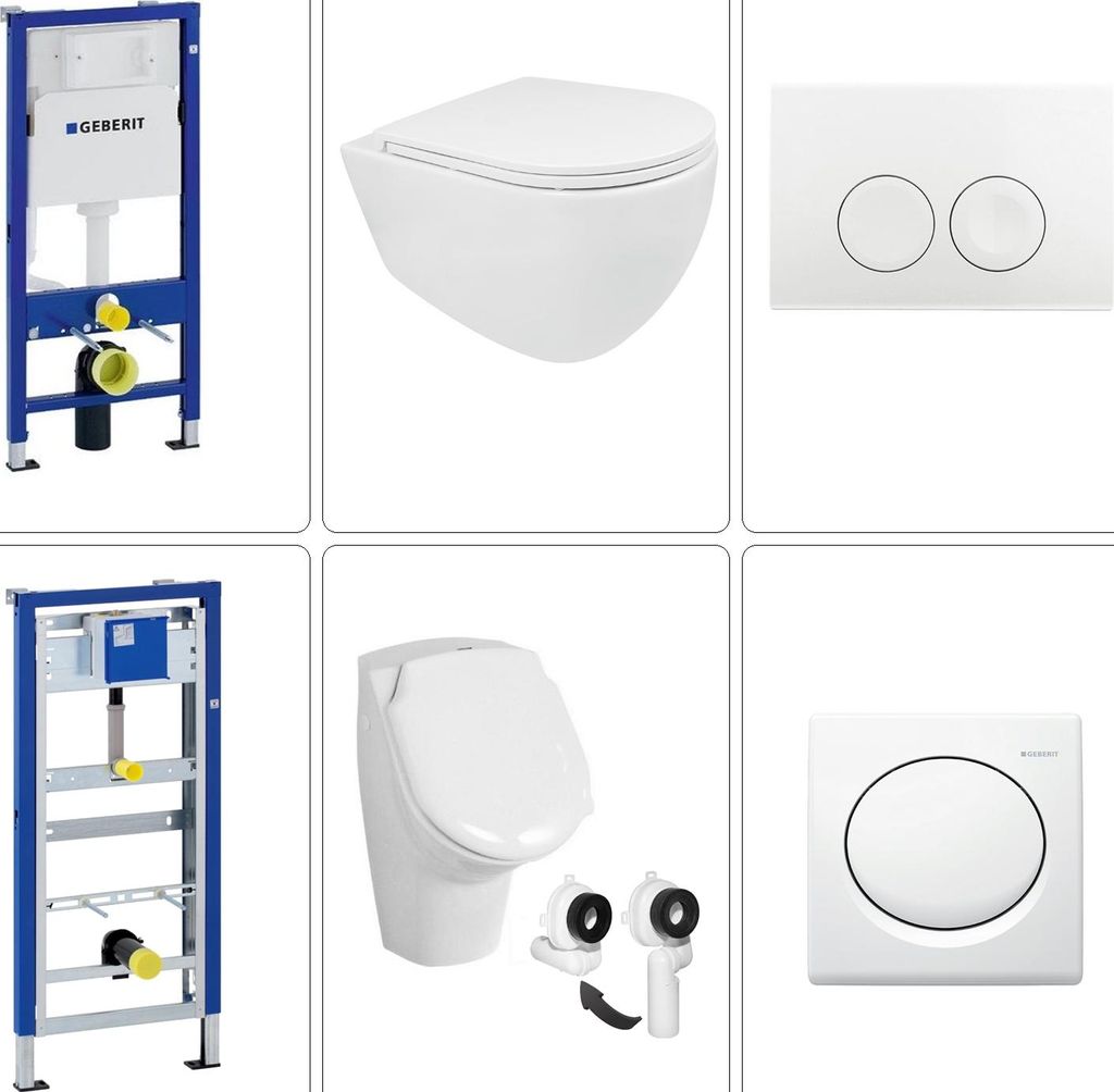 BB INFINITY Wand WC spülrandlos mit SoftClose WC-Sitz, Urinal & GEBERIT BASIC Vorwandgestelle + Betätigungsplatten, weiß