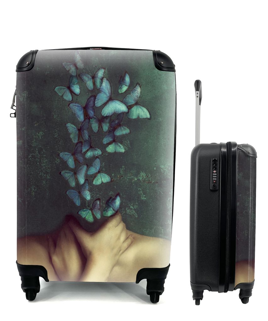 MuchoWow Koffer Handgepäck Trolley Rollkoffer Kleine Reisekoffer mit 4 Rollen - Torso - Stilleben - Schmetterlinge - Blau - Cabin Size < 55x40x2...