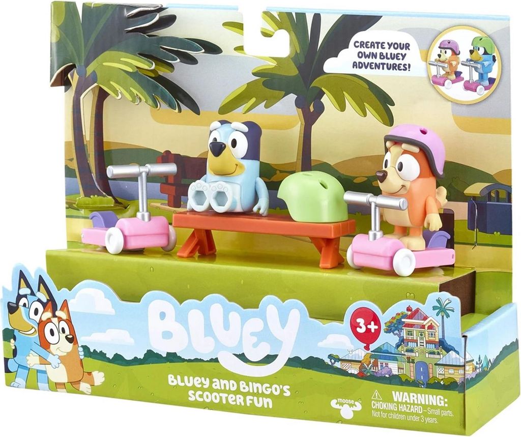 Product packaging for a Bluey toy set featuring Bluey and Bingo on scooters.