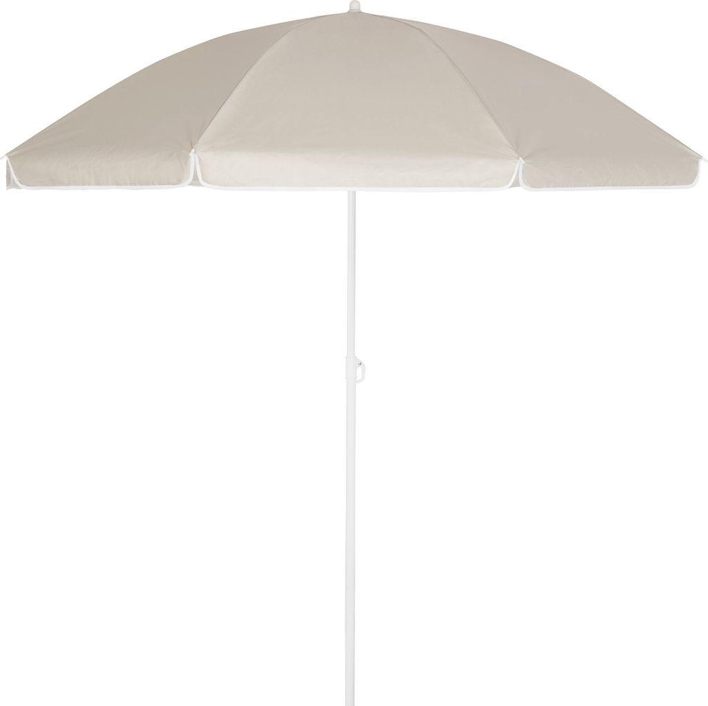 A beige umbrella on a white background.
