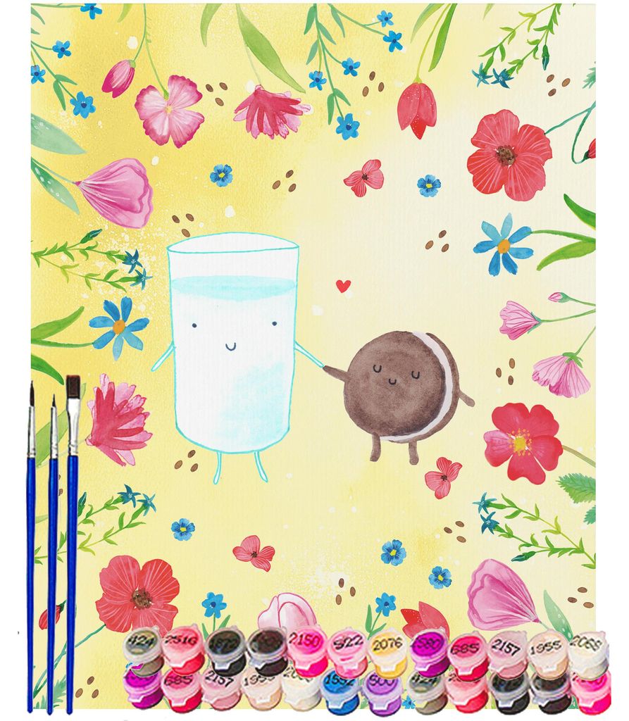 Mr. & Mrs. Panda Malen nach Zahlen Milch Keks 40 x 50 cm Ohne Rahmen - Gelb Pastell - Geschenk, Lustige Sprüche, kreativ set, DIY, Kaffee, Cookie,...