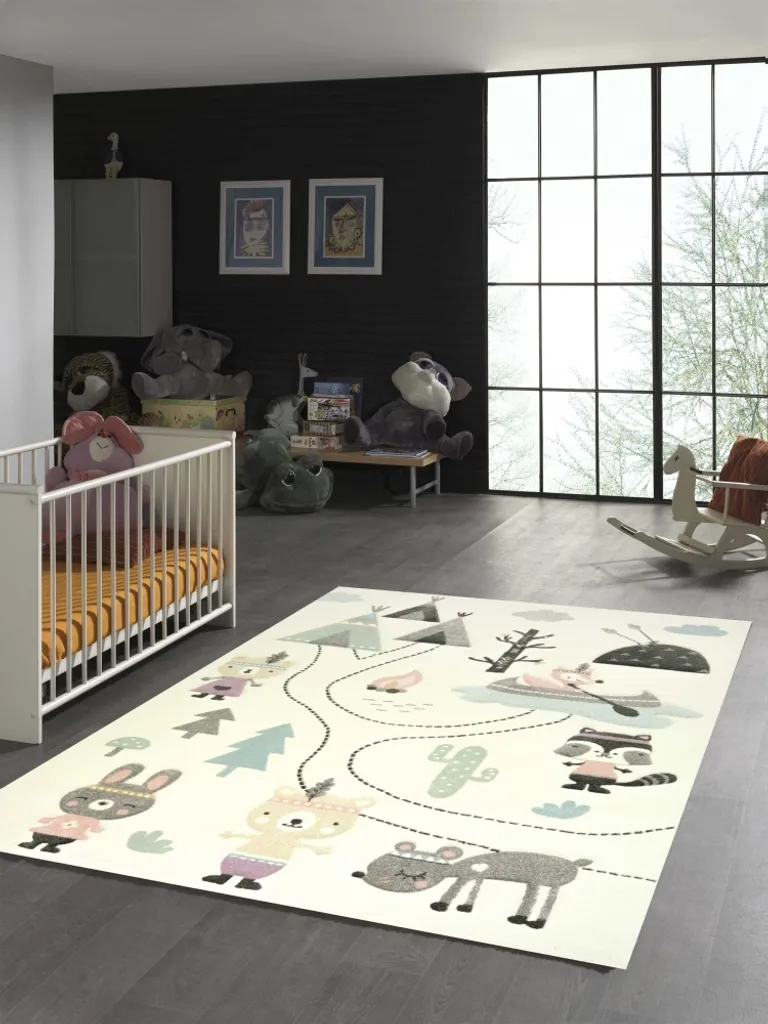 Tapis de jeu enfant motif ours style indien en coton et synthétique