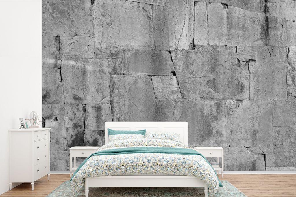 MuchoWow Fototapete für Wohnzimmer oder Schlafzimmer Wandtapete Vinyl Motivtapete Wand - Steine - Kratzer - Schwarz - Weiß - 450x300 cm - Gemus...