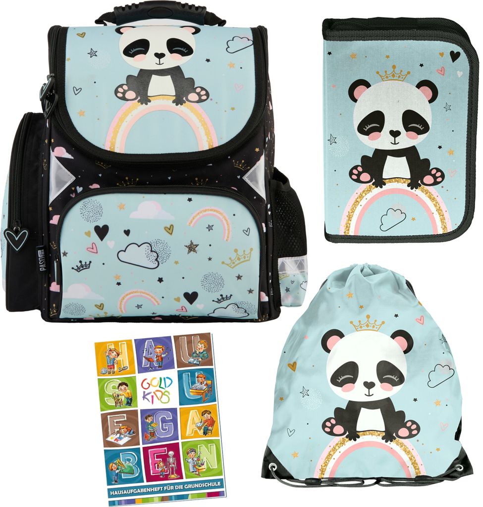 Schulranzen für Jungen und Mädchen - Schul-Rucksack für Kinder mit Federmäppchen - Schuhbeutel und Hausaufgabenheft - Panda Motiv - 1-3 Klasse