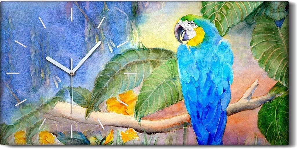 Leinwand Uhr Küche Wohnzimmer Bild 60x30 Gemälde Ast Blätter Tier Vogel Papagei - weiße Hände
