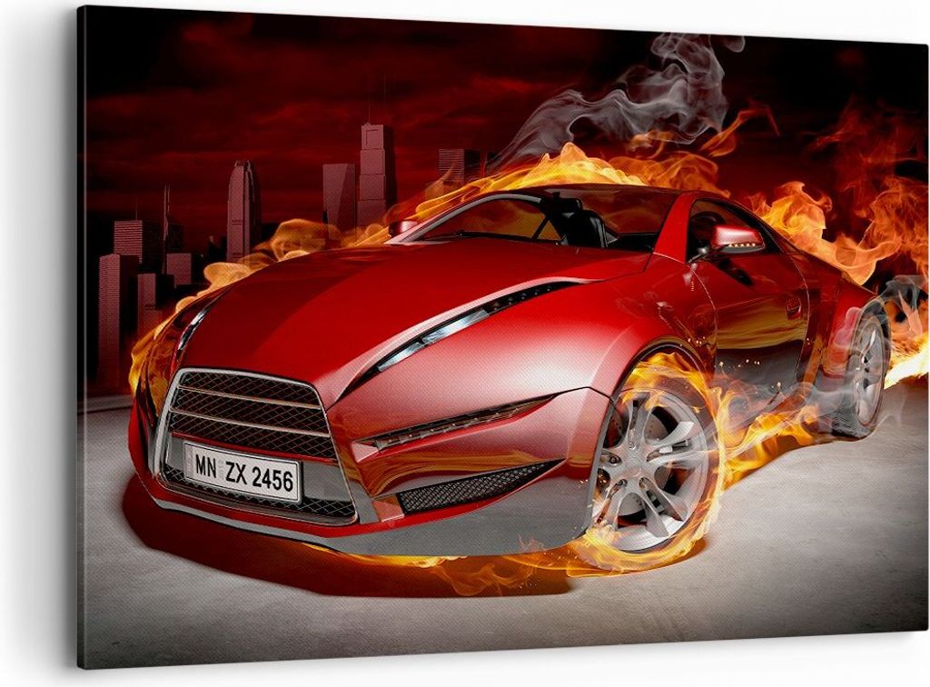 Bild auf Leinwand - Leinwandbild - Auto Flammen Rot - 100x70cm - Wand Bild - Wanddeko - Wandbilder - Leinwanddruck - Bilder - Kunstdruck - Wanddeko...