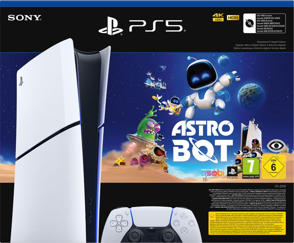 The image shows the packaging of a Playstation 5 Digital Edition console bundle with the game Astro Bot.