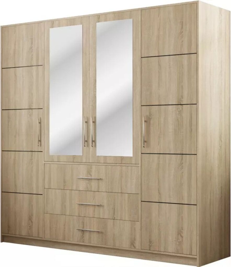 BETTSO Drehtürenschrank Kleiderschrank mit 4 Türen und 3 Schubladen Spiegel Garderobenschrank Garderobe mit Silberne Griffe Bali D4 Sonoma