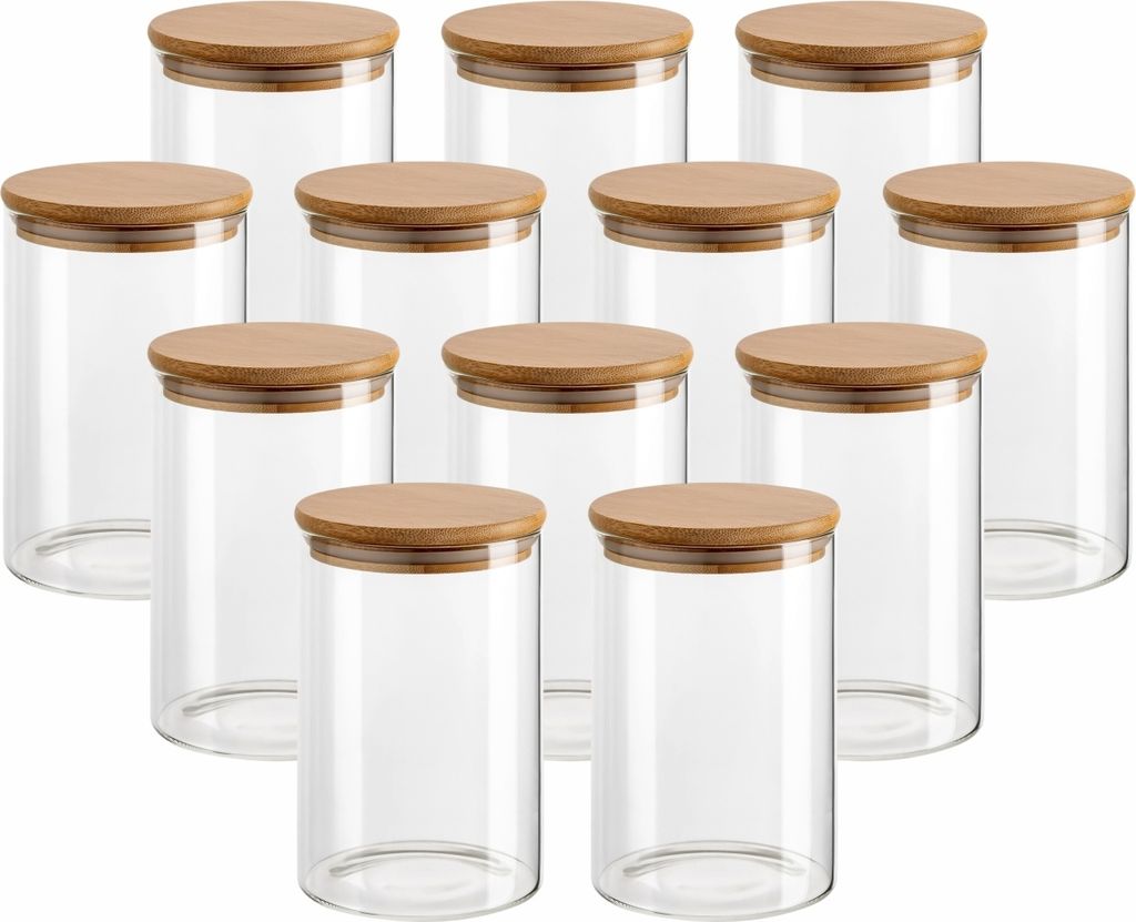 gouveo 12er Set Vorratsdose 500 ml rund aus Borosilikatglas mit Holz-Deckel - Glasbehälter mit Etiketten für Küche, Haushalt