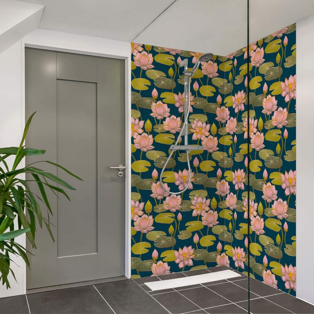Duschrückwand Blumen selbstklebend - 0.61 mm Wandpaneel wasserfest Blumenmuster blau Illustration Badrückwand fugenlos Premium matt 80x200 cm