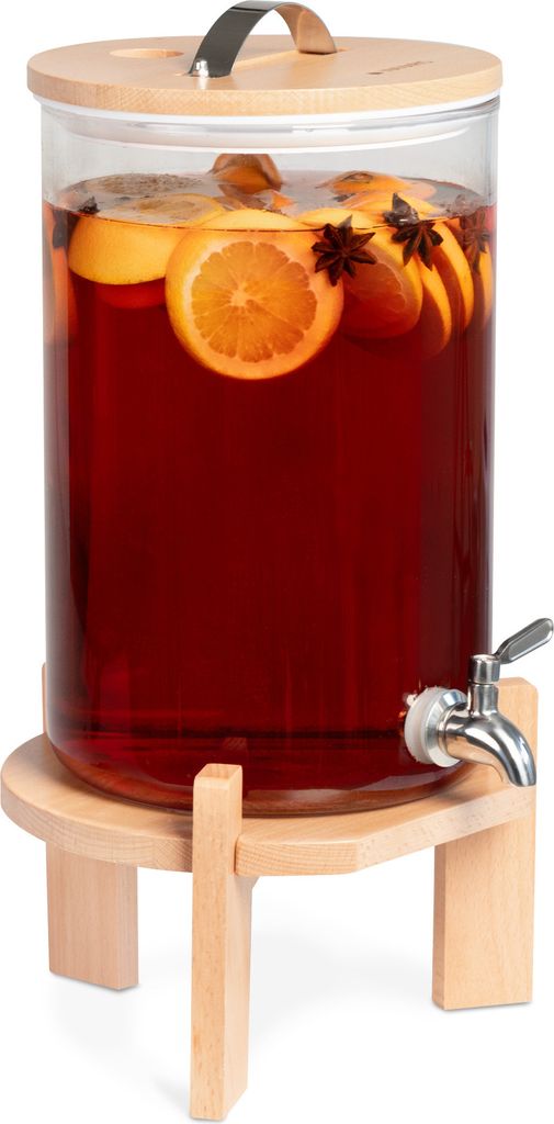 Navaris 7L Getränkespender mit Zapfhahn aus Edelstahl - Glas Wasserspender mit Stand aus Buchen Holz - Spender aus hitzebeständigem Borosilikatglas