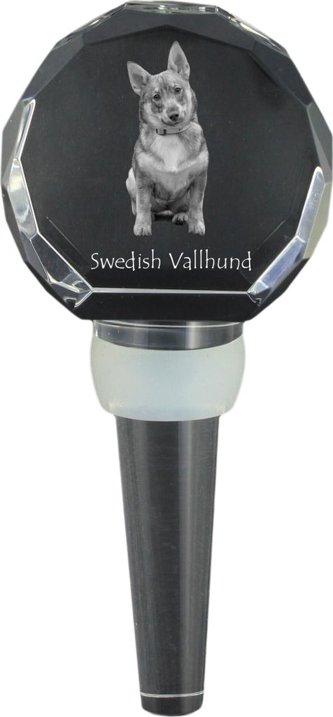 Schwedischer Vallhund, Västgötaspets, Westgotenspitz - Kristallflaschenverschluss, einzigartiger Weinverschluss mit Foto, personalisiertes Gesche...