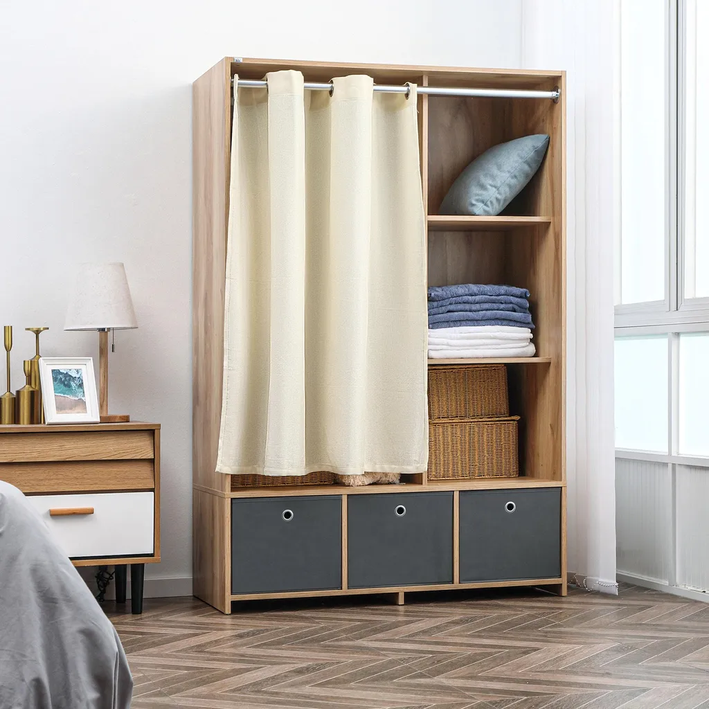 Dressing armoire de rangement en tissu et bois naturel avec tiroirs