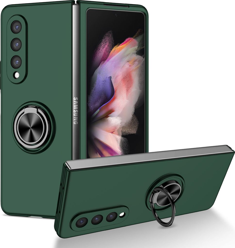 Samsung Z Fold3 Hülle, Dünn Hart PC Schutzhülle mit Ringhalter Ständer für Samsung Galaxy Z Fold 3 5G Grün