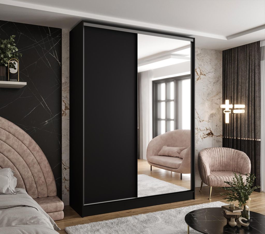 Moderner 2-türiger Kleiderschrank mit Schiebetüren in Schwarz 170x58x250 cm – mit Spiegel und 4 Schubladen – für Schlafzimmer, Flur