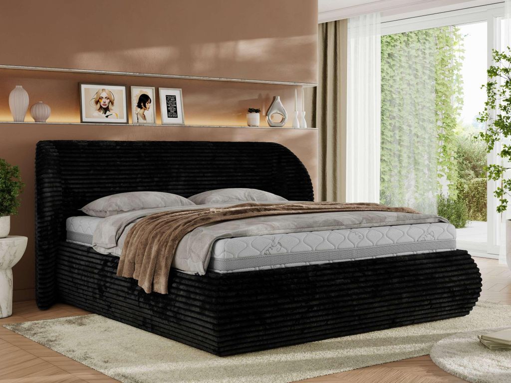 MKS MEBLE Polsterbett mit Bettkasten CAELA CLASSIC Bett mit Stauraum und Gasdruckfeder Doppelbett Foam Matratze MIRO LUX 140x200 Schwarz Cord