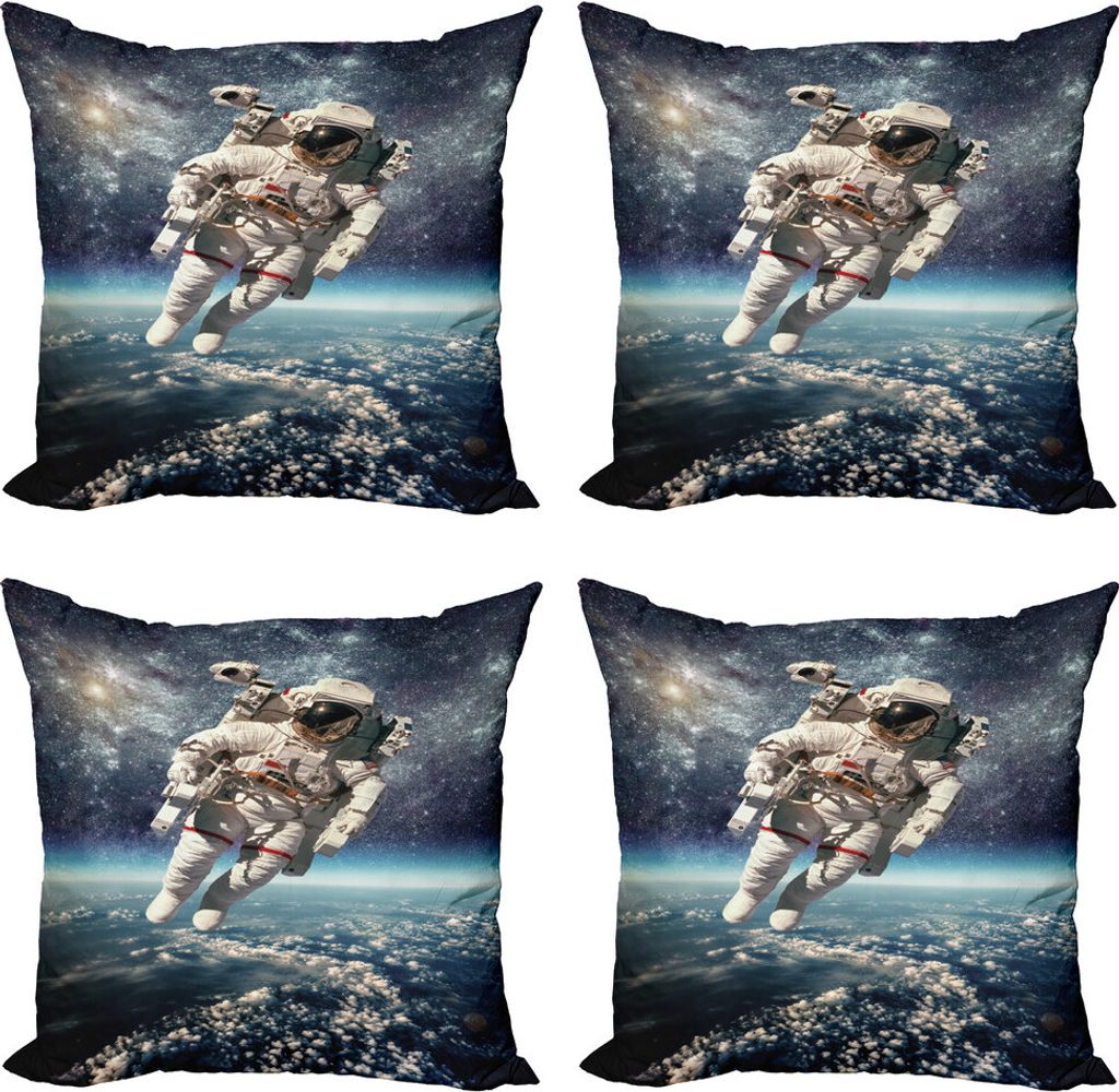 ABAKUHAUS Galaxis Kissenbezug Set (4 Stück), Astronaut Floats Weltraum, Moderner Doppelseitiger Digitaldruck, 45 cm x 45 cm, Grau Blau