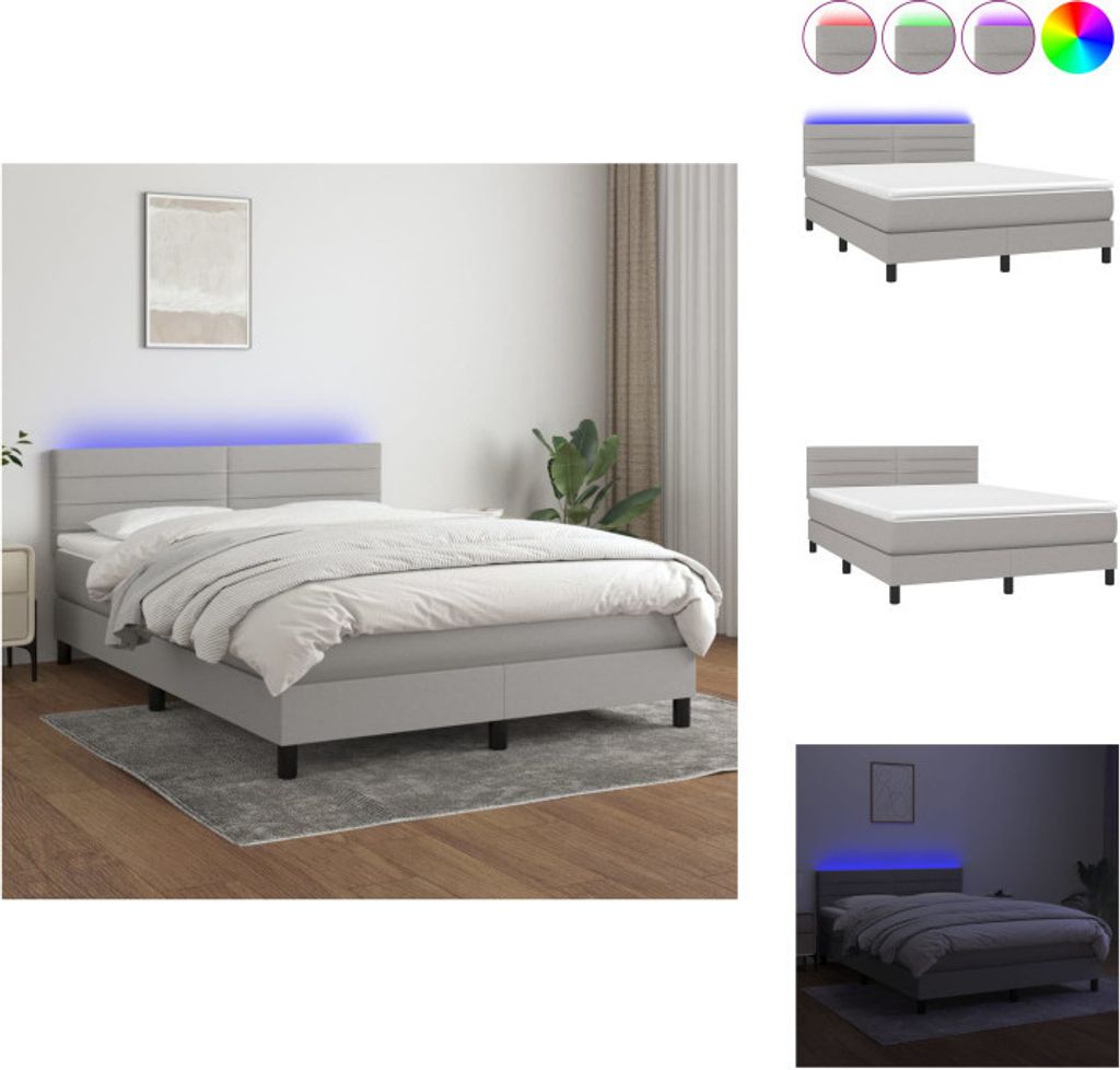 vidaXL Boxspringbett mit Matratze & LED Hellgrau 140x200 cm Stoff - Betten & Bettgestelle